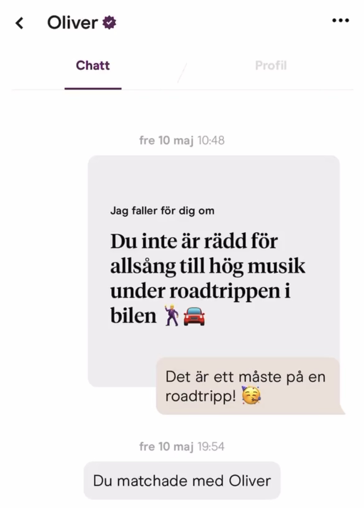 Första matchningen på Hinge mellan Sophie och Oliver